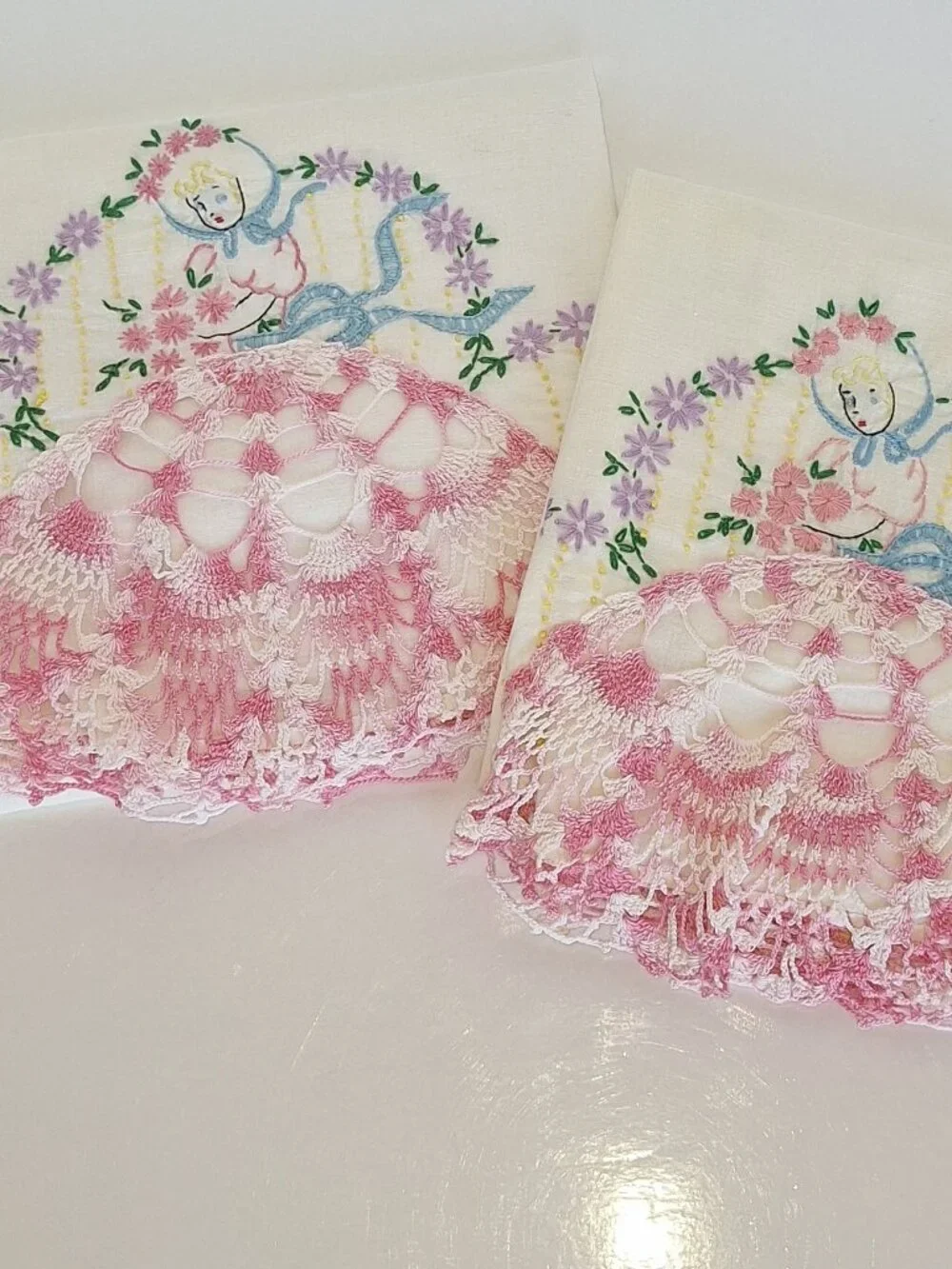 2 Hand Embroidered Pillow Cases Ladies in Pink